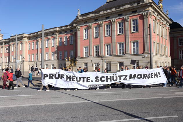 Protesters march with a banner reading Review today, Schütz tomorrow at the state parliament during a demonstration calling for the Federal Constitutional Court to review far-right parties, Potsdam, October 10, 2026. Review demonstration in Potsdam