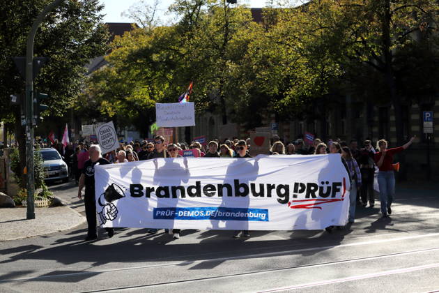 Protesters march with a banner reading Brandenburg Review on Dortustraße during a demonstration calling for the Federal Constitutional Court to review far-right parties, Potsdam, October 10, 2026 Review Demonstration in Potsdam