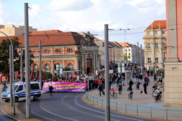 Protesters march with a banner reading Enough Is Enough—Give Us Apartments, Lower Rents in front of the state parliament during a demonstration against the housing crisis and rising rents, Potsdam, October 10, 2026. Rent Protest in Potsdam