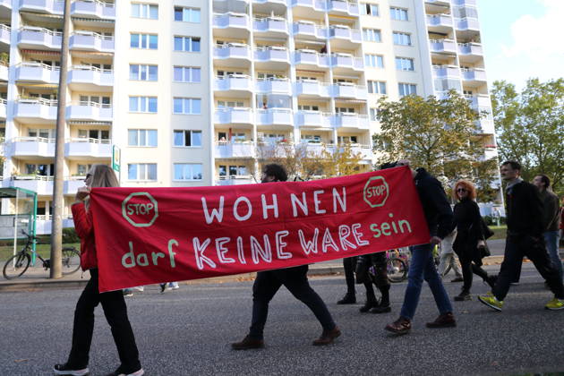 Protesters march along Humboldtring carrying a banner reading Housing Must Not Be a Commodity during a demonstration against the housing crisis and rising rents, Potsdam, October 10, 2026. Rent Protest in Potsdam