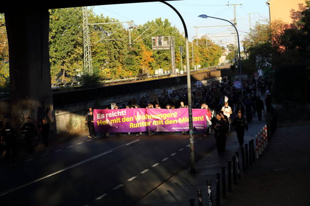 Protesters march down Friedrich Engels Street carrying a banner reading Enough is enough! Give us housing! Lower the rents! during a demonstration against the housing crisis and rising rents, Potsdam, October 10, 2026. Rent Protest in Potsdam