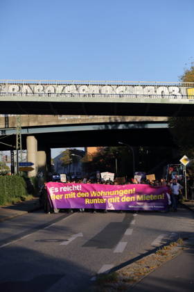 Protesters march down Friedrich Engels Street carrying a banner reading Enough is enough! Give us housing! Lower the rents! during a demonstration against the housing crisis and rising rents, Potsdam, October 10, 2026. Rent Protest in Potsdam
