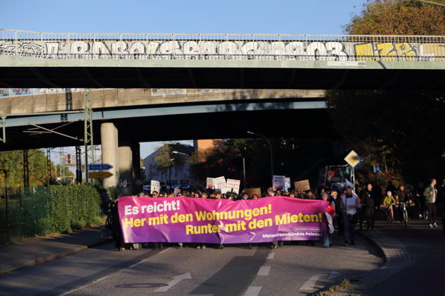 Protesters march down Friedrich Engels Street carrying a banner reading Enough is enough! Give us housing! Lower the rents! during a demonstration against the housing crisis and rising rents, Potsdam, October 10, 2026. Rent Protest in Potsdam
