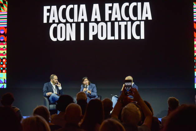 October 11, 2026, Rome, Rome, Italy: Fanpage.it Co-Director Adriano Biondi (L), Partito Democratico Secretary Elly Schlein (C), and Fanpage.it Director Francesco Cancellato (R) during an interview at the panel Faccia a Faccia con i politici during the Rumore Festival 2026 at Acquario Romano in Rome on October 11, 2026. Rome Italy - ZUMAn299 20261011_zip_n299_023 Copyright: xVincenzoxNuzzolesex