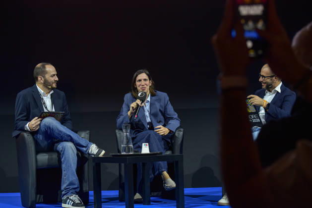 October 11, 2026, Rome, Rome, Italy: Fanpage.it Co-Director Adriano Biondi (L), Partito Democratico Secretary Elly Schlein (C), and Fanpage.it Director Francesco Cancellato (R) during an interview at the panel Faccia a Faccia con i politici during the Rumore Festival 2026 at Acquario Romano in Rome on October 11, 2026. Rome Italy - ZUMAn299 20261011_zip_n299_035 Copyright: xVincenzoxNuzzolesex