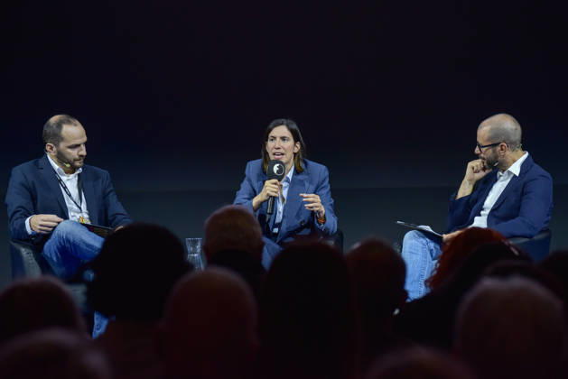 October 11, 2026, Rome, Rome, Italy: Fanpage.it Co-Director Adriano Biondi (L), Partito Democratico Secretary Elly Schlein (C), and Fanpage.it Director Francesco Cancellato (R) during an interview at the panel Faccia a Faccia con i politici during the Rumore Festival 2026 at Acquario Romano in Rome on October 11, 2026. Rome Italy - ZUMAn299 20261011_zip_n299_026 Copyright: xVincenzoxNuzzolesex
