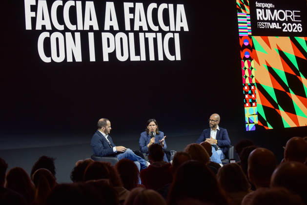 October 11, 2026, Rome, Rome, Italy: Fanpage.it Co-Director Adriano Biondi (L), Partito Democratico Secretary Elly Schlein (C), and Fanpage.it Director Francesco Cancellato (R) during an interview at the panel Faccia a Faccia con i politici during the Rumore Festival 2026 at Acquario Romano in Rome on October 11, 2026. Rome Italy - ZUMAn299 20261011_zip_n299_042 Copyright: xVincenzoxNuzzolesex