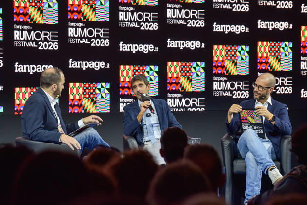 October 11, 2026, Rome, Rome, Italy: Fanpage.it Co-Director Adriano Biondi (L), Fratelli d Italia politician and MP Giovanni Donzelli (C), and Fanpage.it Director Francesco Cancellato (R) during an interview at the panel Faccia a Faccia con i politici during the Rumore Festival 2026 at Acquario Romano in Rome on October 11, 2026. Rome Italy - ZUMAn299 20261011_zip_n299_043 Copyright: xVincenzoxNuzzolesex