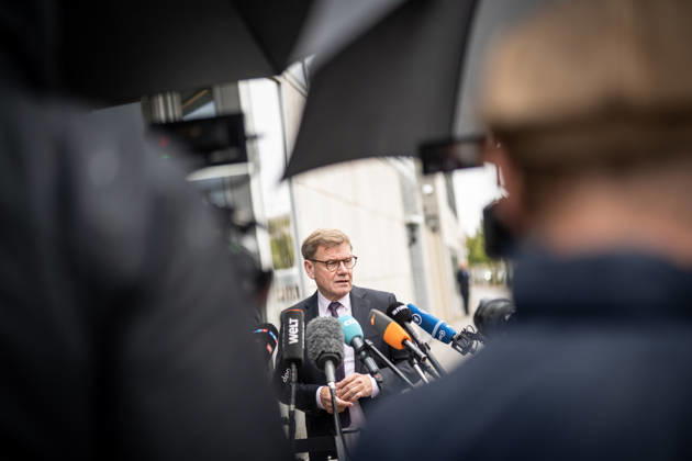 Johann Wadephul, Minister of Foreign Affairs, delivers a statement in front of the Konrad Adenauer House on current developments in Ukraine. CDU Germany Executive Committee Retreat in Berlin, October 2026, Berlin, Berlin, Germany, Konrad Adenauer House