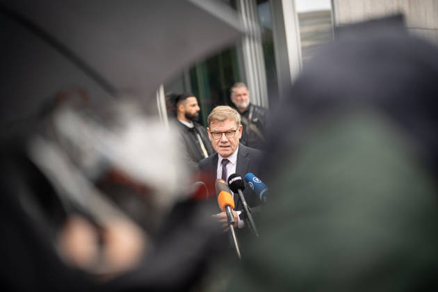 Johann Wadephul, Minister of Foreign Affairs, delivers a statement in front of the Konrad Adenauer House regarding current developments in Ukraine. CDU Germany Executive Committee Retreat in Berlin, October 2026, Berlin, Berlin, Germany, Konrad Adenauer House