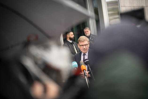 Johann Wadephul, Minister of Foreign Affairs, delivers a statement in front of the Konrad Adenauer House regarding current developments in Ukraine. CDU Germany Executive Committee Retreat in Berlin, October 2026, Berlin, Berlin, Germany, Konrad Adenauer House