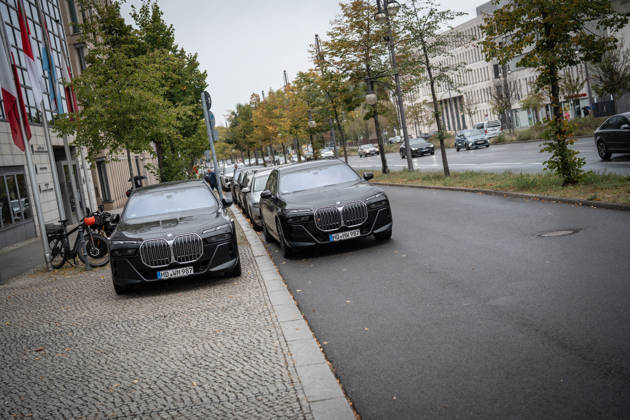 BMW official vehicles from Saxony-Anhalt, used by incumbent Minister President Sven Schulze and his security detail; state government cars parked in front of the CDU Federal Headquarters following the Minister President’s arrival at the CDU of Germany’s Executive Committee retreat in Berlin, October 2026, Berlin, Germany, Konrad Adenauer House