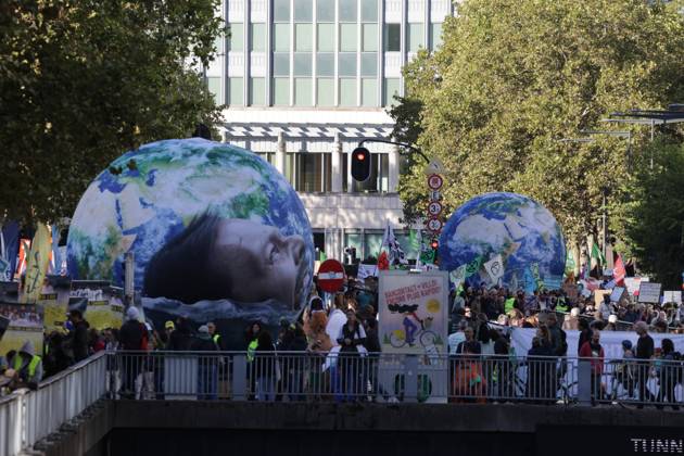 This image shows the Climate March 2026, organized by the Climate Coalition, in Brussels, on Sunday 11 October 2026. The Climate Coalition demands the federal and regional governments to stop subsidizing polluting industrial activities in Belgium and levy higher taxes on these companies. NICOLASxMAETERLINCK 189457311