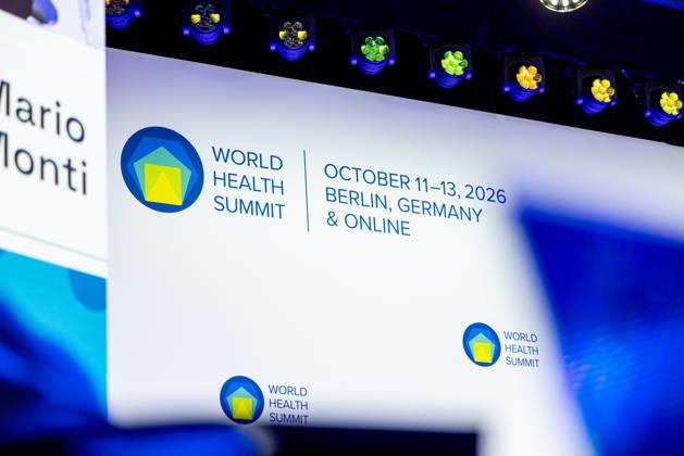 World Health Summit 2026: Global Health Policy, Berlin, Germany, October 11, 2026. The lettering on the wall of the main stage reads: World Health Summit October 11–13, 2026, Berlin, Germany, and Online.