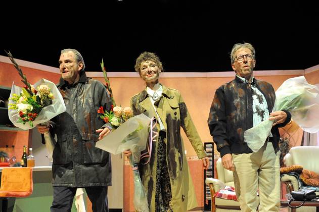 Actor Frans Van der Aa ; Actress Marleen Merckx and Actor Peter Van De Velde pictured during the premiere of Het Zinkgat , a theatre tragicomedy, at Theater Elckerlyc in Antwerp, on Sunday 11 October 2026. BOAZxKEERSMAEKERS 189468375