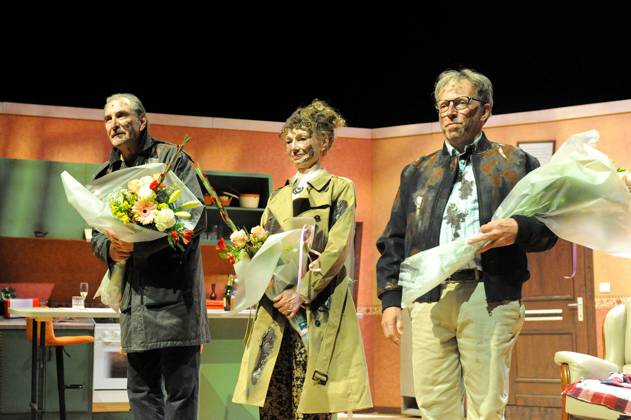 Actor Frans Van der Aa ; Actress Marleen Merckx and Actor Peter Van De Velde pictured during the premiere of Het Zinkgat , a theatre tragicomedy, at Theater Elckerlyc in Antwerp, on Sunday 11 October 2026. BOAZxKEERSMAEKERS 189468417