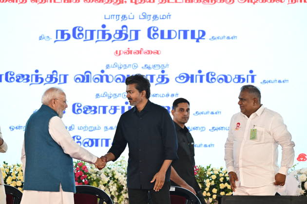 Indian Politics CHENNAI METRO PHASE-II INAUGURATION & JOINT RIDE CHENNAI, TAMIL NADU: Prime Minister Narendra Modi alongside Tamil Nadu Chief Minister C. Joseph Vijay waves to the gathering during the flagging-off ceremony of the Phase II network of the Chennai Metro Rail Project at the Porur Bypass Metro Rail Station on Sunday, October 11, 2026. PM Modi and CM Vijay subsequently undertook a joint metro ride from Porur Bypass Station to Poonamallee Bypass Station and back, marking the official opening of the ₹4,900-crore, 14.6-km Poonamallee Vadapalani elevated stretch. The high-profile event marked the first joint public appearance of the two leaders following Vijay s recent victory in the Tamil Nadu Assembly elections. Chennai INDIA Copyright: xSeshadrixSukumarx