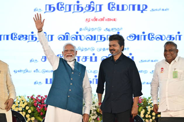 Indian Politics CHENNAI METRO PHASE-II INAUGURATION & JOINT RIDE CHENNAI, TAMIL NADU: Prime Minister Narendra Modi alongside Tamil Nadu Chief Minister C. Joseph Vijay waves to the gathering during the flagging-off ceremony of the Phase II network of the Chennai Metro Rail Project at the Porur Bypass Metro Rail Station on Sunday, October 11, 2026. PM Modi and CM Vijay subsequently undertook a joint metro ride from Porur Bypass Station to Poonamallee Bypass Station and back, marking the official opening of the â‚¹4,900-crore, 14.6-km Poonamallee Vadapalani elevated stretch. The high-profile event marked the first joint public appearance of the two leaders following Vijay s recent victory in the Tamil Nadu Assembly elections. Chennai INDIA Copyright: xSeshadrixSukumarx