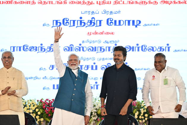 Indian Politics CHENNAI METRO PHASE-II INAUGURATION & JOINT RIDE CHENNAI, TAMIL NADU: Prime Minister Narendra Modi alongside Tamil Nadu Chief Minister C. Joseph Vijay waves to the gathering during the flagging-off ceremony of the Phase II network of the Chennai Metro Rail Project at the Porur Bypass Metro Rail Station on Sunday, October 11, 2026. PM Modi and CM Vijay subsequently undertook a joint metro ride from Porur Bypass Station to Poonamallee Bypass Station and back, marking the official opening of the ₹4,900-crore, 14.6-km Poonamallee Vadapalani elevated stretch. The high-profile event marked the first joint public appearance of the two leaders following Vijay s recent victory in the Tamil Nadu Assembly elections. Chennai INDIA Copyright: xSeshadrixSukumarx