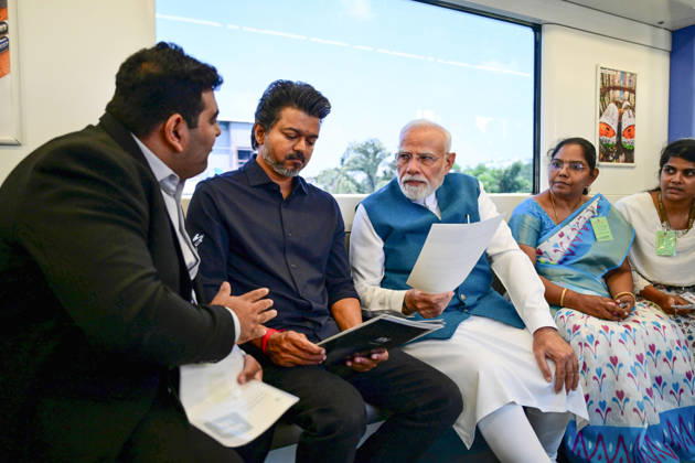 PM Modi inaugurates Poonamallee-Vadapalani stretch of Chennai Metro Phase-2 Chennai, Oct 11 (ANI): Prime Minister Narendra Modi and Tamil Nadu Chief Minister C. Joseph Vijay travel in a metro during the inauguration of the Poonamallee-Vadapalani stretch of Chennai Metro Phase-2, in Chennai on Sunday. ( DPR PMO ANI Photo) Chennai Tamil Nadu India Copyright: xANIx ANI_20261011205