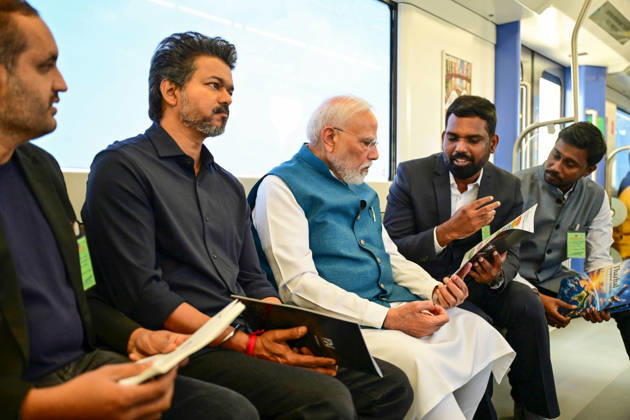 PM Modi inaugurates Poonamallee-Vadapalani stretch of Chennai Metro Phase-2 Chennai, Oct 11 (ANI): Prime Minister Narendra Modi and Tamil Nadu Chief Minister C. Joseph Vijay travel in a metro during the inauguration of the Poonamallee-Vadapalani stretch of Chennai Metro Phase-2, in Chennai on Sunday. ( DPR PMO ANI Photo) Chennai Tamil Nadu India Copyright: xANIx ANI_20261011207