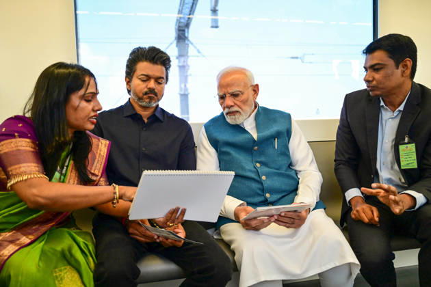 PM Modi inaugurates Poonamallee-Vadapalani stretch of Chennai Metro Phase-2 Chennai, Oct 11 (ANI): Prime Minister Narendra Modi and Tamil Nadu Chief Minister C. Joseph Vijay travel in a metro during the inauguration of the Poonamallee-Vadapalani stretch of Chennai Metro Phase-2, in Chennai on Sunday. ( DPR PMO ANI Photo) Chennai Tamil Nadu India Copyright: xANIx ANI_20261011209