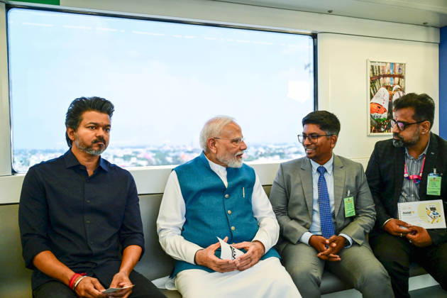 PM Modi inaugurates Poonamallee-Vadapalani stretch of Chennai Metro Phase-2 Chennai, Oct 11 (ANI): Prime Minister Narendra Modi and Tamil Nadu Chief Minister C. Joseph Vijay travel in a metro during the inauguration of the Poonamallee-Vadapalani stretch of Chennai Metro Phase-2, in Chennai on Sunday. ( DPR PMO ANI Photo) Chennai Tamil Nadu India Copyright: xANIx ANI_20261011219