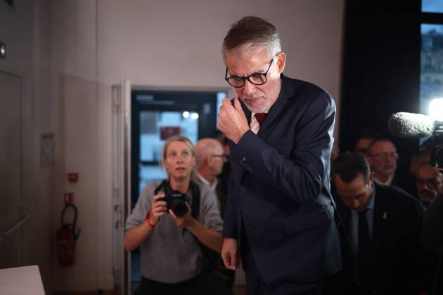 Announcement of the result for the first round of Socialist and Democratic Left primary - Paris Candidate in the Socialist (PS) and centre-left Place Publique (PP) parties primary Olivier Faure pictured after the announcement of the result for the first round of voting in the primary organized by the Socialist Party, Place Publique (PP), and the Republican and Socialist Left, ahead of France s 2027 presidential election, at Solaris in Paris, France on October 11, 2026. Candidate in the Socialist (PS) and centre-left Place Publique (PP) parties primary ahead of France s 2027 presidential election and MEP Raphaël Glucksmann was elected on October 11 2026. Photo by Raphael Lafargue ABACAPRESS.COM Paris France  Copyright: xLafarguexRaphael ABACAx