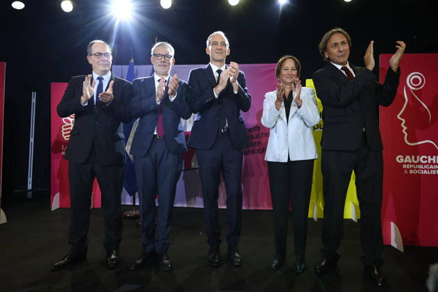 Announcement of the result for the first round of Socialist and Democratic Left primary - Paris Candidates in the Socialist (PS) and centre-left Place Publique (PP) parties primary Emmanuel Maurel, Olivier Faure, Raphael Glucksmann, Segolene Royal and Jerome Guedj pictuerd after the announcement of the result for the first round of voting in the primary organized by the Socialist Party, Place Publique (PP), and the Republican and Socialist Left, ahead of France s 2027 presidential election, at Solaris in Paris, France on October 11, 2026. Candidate in the Socialist (PS) and centre-left Place Publique (PP) parties primary ahead of France s 2027 presidential election and MEP Raphaël Glucksmann was elected on October 11 2026. Photo by Raphael  Copyright: xLafarguexRaphael ABACAx