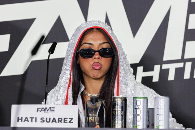 October 11, 2026, Essen: Hati Suarez at the press conference for Fame Fighting 4 Celebrity Boxing at the Atlantic Hotel in Essen, North Rhine-Westphalia, Germany