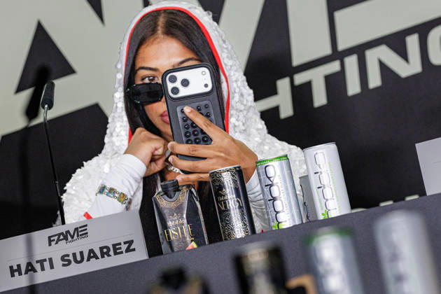 October 11, 2026, Essen: Hati Suarez at the press conference for Fame Fighting 4 Celebrity Boxing at the Atlantic Hotel in Essen, North Rhine-Westphalia, Germany
