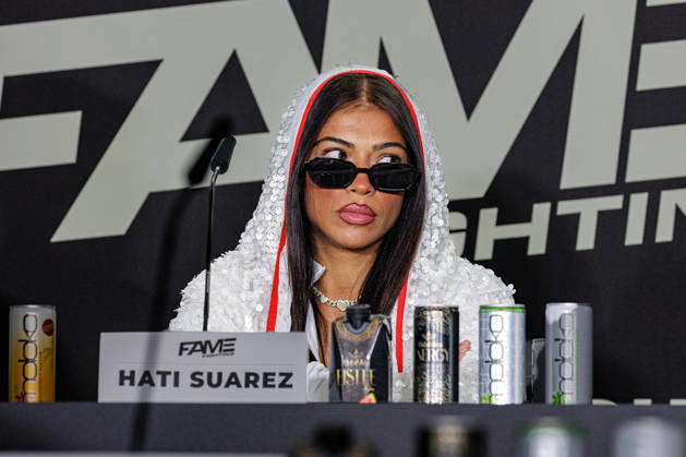 October 11, 2026, Essen: Hati Suarez at the press conference for Fame Fighting 4 Celebrity Boxing at the Atlantic Hotel in Essen, North Rhine-Westphalia, Germany
