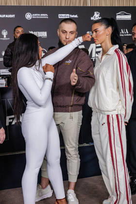 October 11, 2026, Essen: Hati Suarez and Nelly Noire at the press conference for Fame Fighting 4 Celebrity Boxing at the Atlantic Hotel in Essen, North Rhine-Westphalia, Germany
