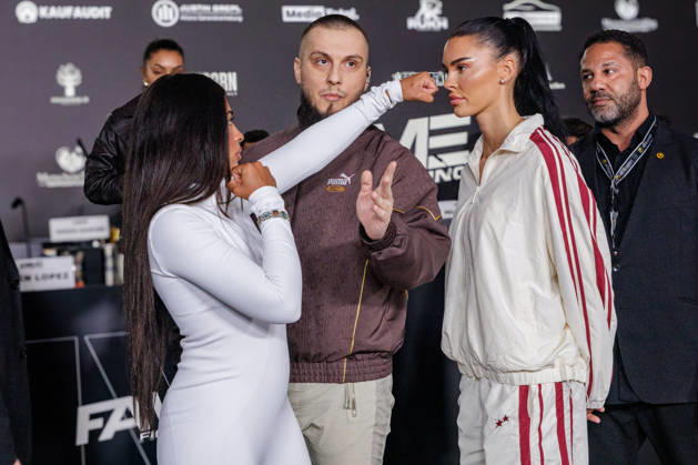 October 11, 2026, Essen: Hati Suarez and Nelly Noire at the press conference for Fame Fighting 4 Celebrity Boxing at the Atlantic Hotel in Essen, North Rhine-Westphalia, Germany