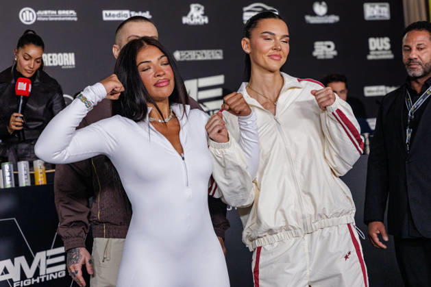 October 11, 2026, Essen: Hati Suarez and Nelly Noire at the press conference for Fame Fighting 4 Celebrity Boxing at the Atlantic Hotel in Essen, North Rhine-Westphalia, Germany