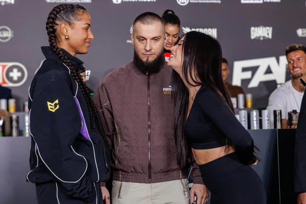 October 11, 2026, Essen: Brenda Brinkmann and Gabriela Alves at the press conference for Fame Fighting 4 Celebrity Boxing at the Atlantic Hotel in Essen, North Rhine-Westphalia, Germany