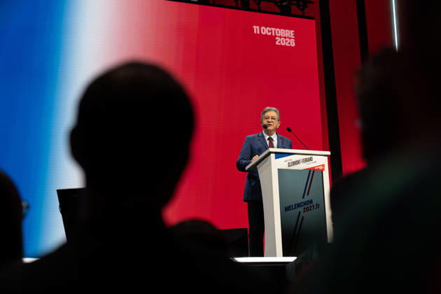 October 11, 2026, Clermont-Ferrand, Auvergne-Rho Ne-Alpes, France: CLERMONT-FERRAND, FRANCE - OCTOBER 11, 2026: Jean-Luc Melenchon, leader of the far-left party La France Insoumise (LFI) and 2027 presidential candidate, delivers a speech during a major political rally at the Zenith d Auvergne in Clermont-Ferrand, France, on October 11, 2026. Around 10,000 supporters gathered at the venue to attend the campaign event. Clermont-Ferrand France - ZUMAa252 20261011_zip_a252_021 Copyright: xDavidxAllignonx
