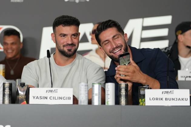 Fame Fighting 2026 Press Conference: Yasin Cilingir and Lorik Bunjaku at the press conference for the fourth edition of Fame Fighting Celebrity Boxing on October 11, 2026, at the Atlantic Hotel in Essen, North Rhine-Westphalia