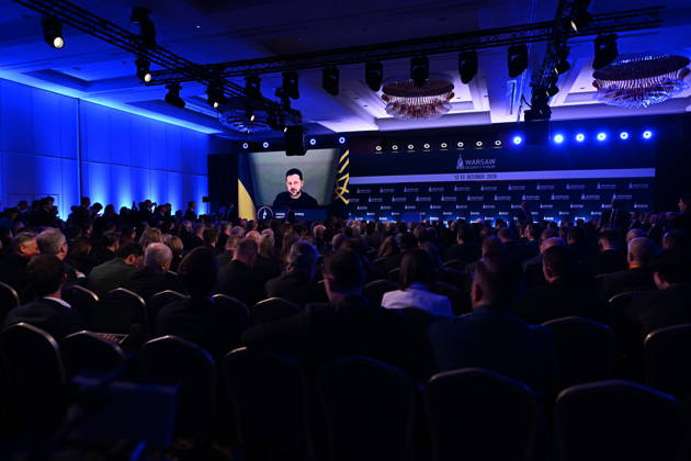 Warsaw Security Forum 2026 kicks off in Poland WARSAW, POLAND - OCTOBER 12: Ukrainian President Volodymyr Zelenskyy addresses attendees remotely during the opening session on the first day of the Warsaw Security Forum 2026 (WSF2026) in Warsaw, Poland, on October 12, 2026. The annual security summit focuses on strategies for European defense cooperation and the Russia-Ukraine war. Artur Widak Anadolu Warsaw Poland. Editorial use only. Please get in touch for any other usage.  Copyright: x2026xAnadoluxArturxWidakx