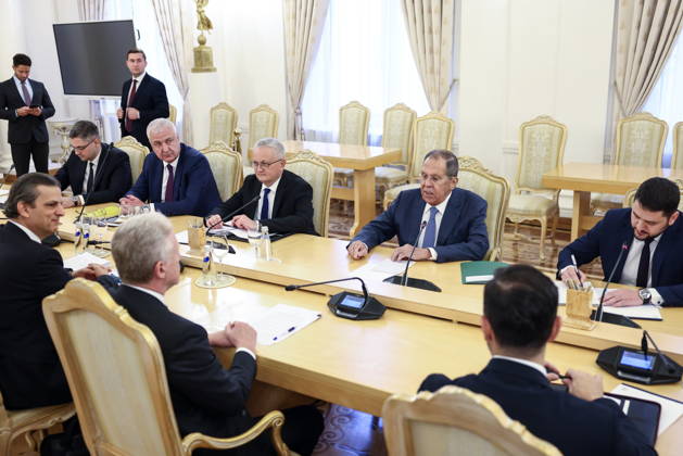 RUSSIA, MOSCOW - OCTOBER 12, 2026: Sergei Lavrov (2nd R back), Russia s Foreign Minister, attends a meeting with Youssef Rajji, Lebanon s Minister of Foreign Affairs and Emigrants, at the Reception House of the Foreign Ministry Moscow Russia  - ZUMAt113 20261012_zaa_t113_051 Copyright: xArtyomxGeodakyanx