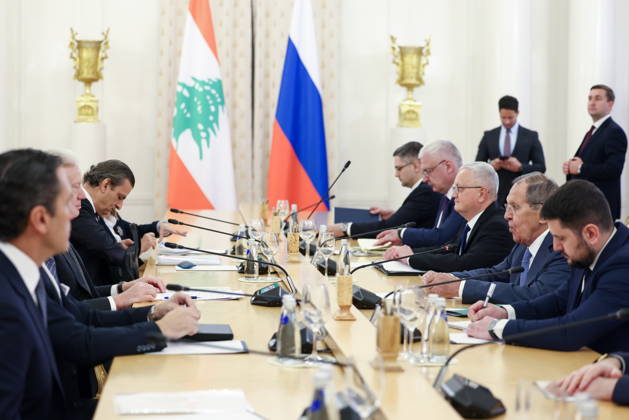 RUSSIA, MOSCOW - OCTOBER 12, 2026: Youssef Rajji (2nd L), Lebanon s Minister of Foreign Affairs and Emigrants, and Sergei Lavrov (2nd R), Russia s Foreign Minister, hold a meeting at the Reception House of the Foreign Ministry Moscow Russia  - ZUMAt113 20261012_zaa_t113_055 Copyright: xArtyomxGeodakyanx