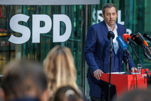 Press statement with SPD Party Chairman Lars Klingbeil Press statement with SPD Party Chairman Lars Klingbeil on October 12, 2026, in Berlin, Berlin, Berlin, Germany, at the SPD Party Headquarters, Willy Brandt House