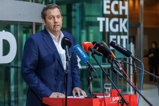 Press statement with SPD Party Chairman Lars Klingbeil Press statement with SPD Party Chairman Lars Klingbeil on October 12, 2026, in Berlin, Berlin, Berlin, Germany, at the SPD Party Headquarters, Willy Brandt House
