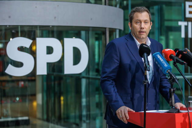 Press statement with SPD Party Chairman Lars Klingbeil Press statement with SPD Party Chairman Lars Klingbeil on October 12, 2026, in Berlin, Berlin, Berlin, Germany, at the SPD Party Headquarters, Willy Brandt House