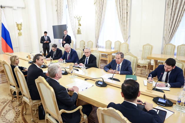 RUSSIA, MOSCOW - OCTOBER 12, 2026: Sergei Lavrov (2nd R back), Russia s Foreign Minister, attends a meeting with Youssef Rajji, Lebanon s Minister of Foreign Affairs and Emigrants, at the Reception House of the Foreign Ministry Moscow Russia  - ZUMAt113 20261012_zaa_t113_118 Copyright: xArtyomxGeodakyanx