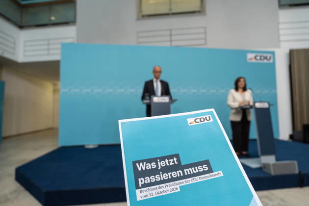 Chancellor Friedrich Merz at the closing press conference, with Franziska Hoppermann, Secretary General of the CDU Germany Executive Committee Retreat in Berlin, October 2026, Berlin, Berlin, Germany, Konrad Adenauer House