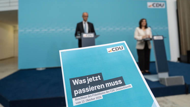 Chancellor Friedrich Merz at the closing press conference, with Franziska Hoppermann, Secretary General of the CDU Germany Executive Committee Retreat in Berlin, October 2026, Berlin, Berlin, Germany, Konrad Adenauer House