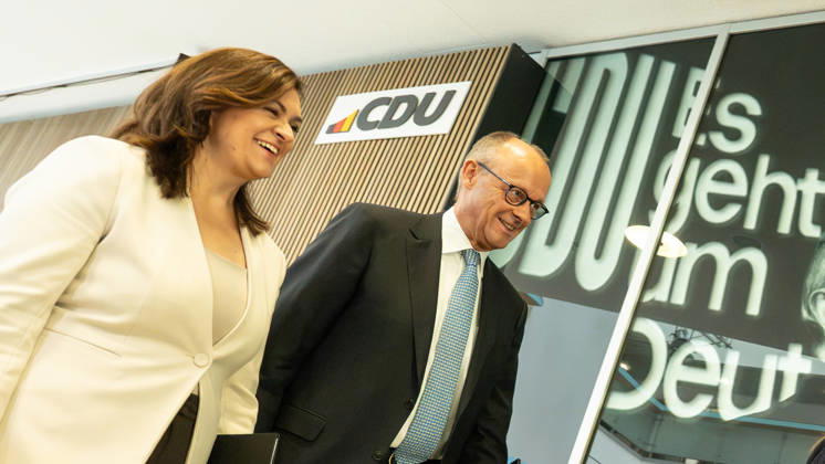 Chancellor Friedrich Merz at the closing press conference, with Franziska Hoppermann, Secretary General of the CDU Germany Executive Committee Retreat in Berlin, October 2026, Berlin, Berlin, Germany, Konrad Adenauer House