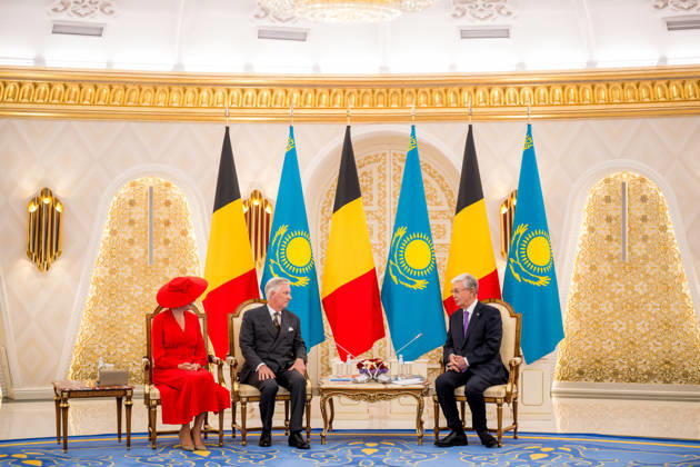 Belgian Royal Couple s State Visit to Central Asia - Day 2 - Kazakhstan King Philippe of Belgium and Queen Mathilde attend an official welcome ceremony at the presidential palace in Astana, Kazakhstan on October 12, 2026, during the first day of their official visit, greeted by President Kassym-Jomart Tokayev. Photo by Olivier Polet ABACAPRESS.COM Astana Kazakhstan Copyright: xPoletxOlivier ABACAx