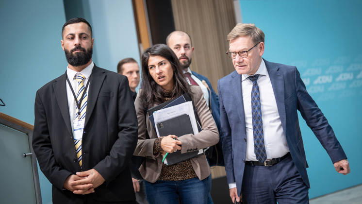 Foreign Minister Johann Wadephul at the Konrad Adenauer House, with Serap Güler, Minister of State at the Federal Ministry of Foreign Affairs, during the CDU Germany Executive Committee Retreat in Berlin, October 2026, Berlin, Berlin, Germany, Konrad Adenauer House